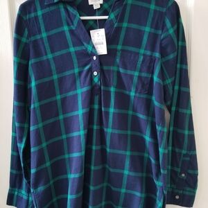 NWT J Crew 100% Cotton Flannel Navy/Jade Windowpane Check Popover Shirt XXS